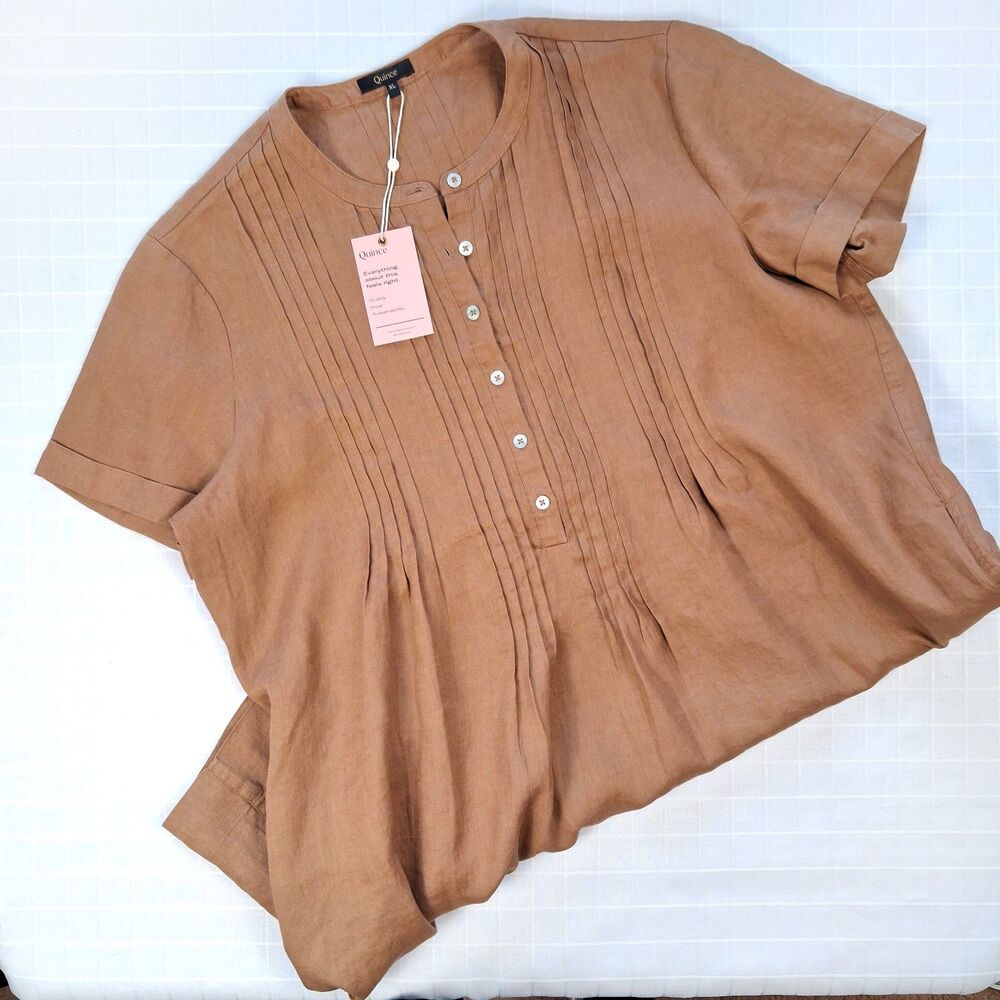 Quince NWT European Linen Short-Sleeve Swing Dress Golden Brown Pintuck Size XL - Picture 9 of 10